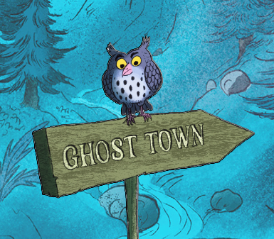 An owl on a signpost with directions to the ghost town